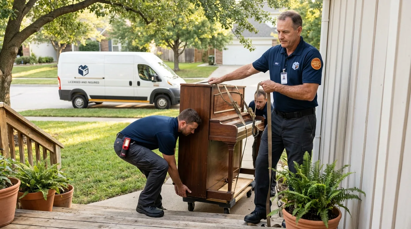 Licensed piano movers securing grand piano in Waverly, VA