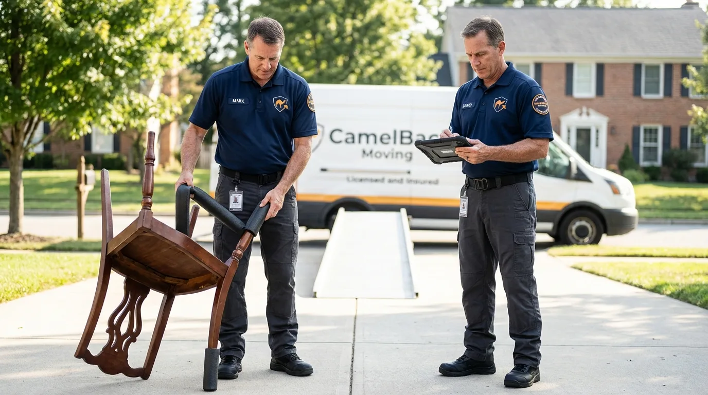 Movers inspecting furniture for damage prevention before loading in Waverly, VA