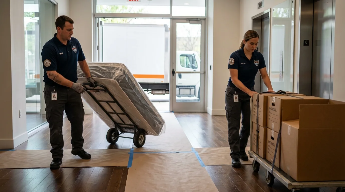 Professional apartment movers loading elevator in Waverly, VA